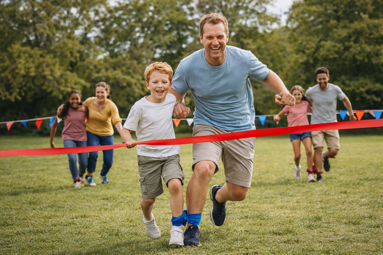Father and son crossing a finish line in a three-legged race, with other families close behind.