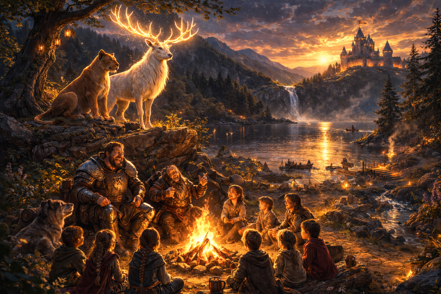Shirzan the lioness and the White Stag watch over a campfire where Bramble the dwarf tells stories to children of Glimmerglass.