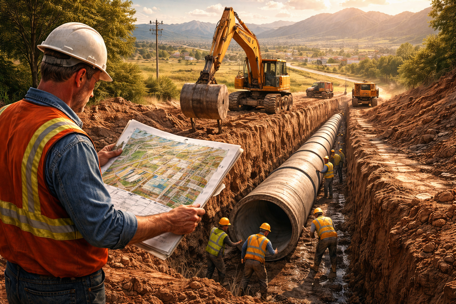 Men laying pipe in open country with a foreman studying city plans