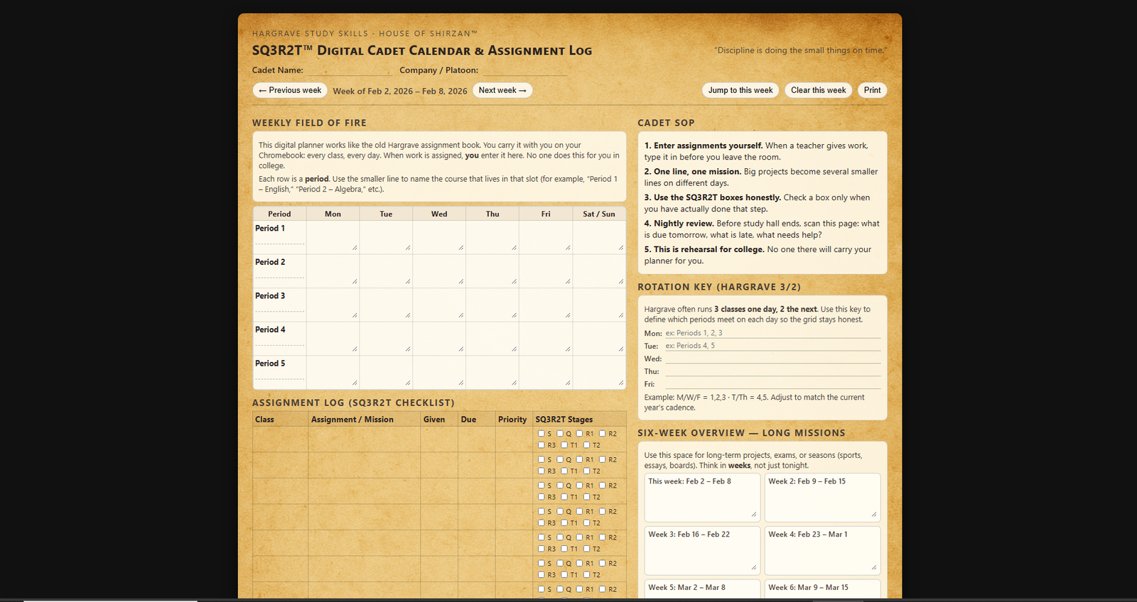 SQ3R2T Digital Cadet Calendar & Assignment Log
